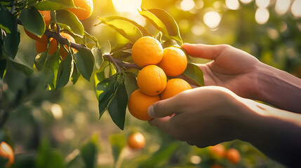 Wall Mural - Close up of farmer male hands picking orange or mandarin fruits. Organic food, harvesting and farming concept.