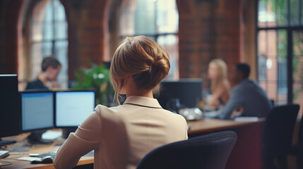 Wall Mural - Backside view of business woman,  she sit in a minimal office in old town .view in the morning, bokeh and. beautiful ancient architecture background. generative ai.