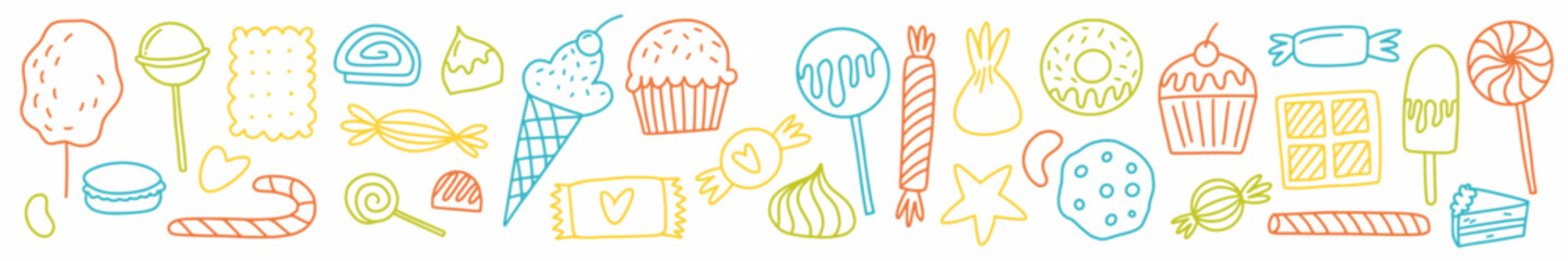 Vector horizontal pattern from a collection of candies and various sweets, hand-drawn in the style of doodles