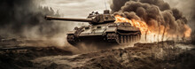 Battle Tank Riding In Mud And Fire, AI Generated Photorealistic Still Life Style
