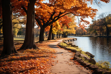 Autumn forest landscape, orange golden foliage in park, fall wallpaper, AI Generated