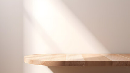 empty minimal natural wooden table counter podium, beautiful wood grain in sunlight, shadow on white