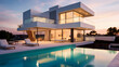 Exterior of modern minimalist cubic villa with swimming pool at sunset.