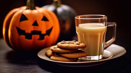 Wall Mural - Halloween pumpkins cookies in plate near milk glass on dark background. AI generated