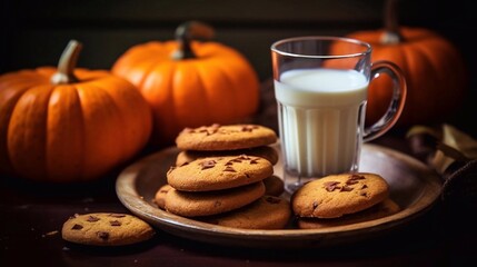 Wall Mural - Halloween pumpkins cookies in plate near milk glass on dark background. AI generated