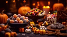 Halloween Sweets On Seamless Background. AIgenerated