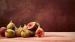 Fresh ripe figs on brown background. AI generated. Copy space