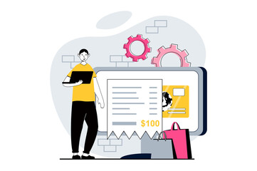 Aufkleber - Electronic receipt concept with people scene in flat design for web. Man making online shopping, ordering and paying of digital check. Illustration for social media banner, marketing material.