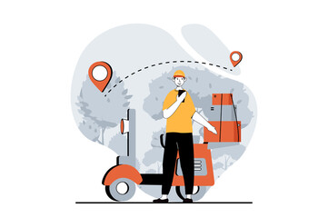 Delivery service concept with people scene in flat design for web. Man courier with motorbike carrying boxes with online tracking. Illustration for social media banner, marketing material.