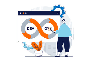 Fototapete - DevOps concept with people scene in flat design for web. Man researching project workflow, improvement and optimization processes. Illustration for social media banner, marketing material.