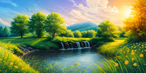 Stunning nature landscape blooming grass and meadows green foliage of trees with flowing water river. 3D Illustration. Fantasy Art. Digital Art