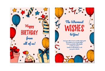 Wall Mural - Two sides Birthday vertical greeting card. Design with hand drawn elements. Celebration invitation template. Vector illustration in sketch style. Festive kids colorful poster