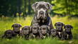 © reddish - Cane corso dog mum with puppies playing on a green meadow land, cute dog puppies