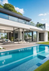 luxury house with swimming pool. wallpaper. Elegantly Designed Contemporary Home. background. Illustration. Generative AI.