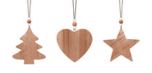 Set Of Hanging Brown Wooden Ornament. Christmas Tree, Heart And Star Isolated On Transparent Png Background. Stock Photo