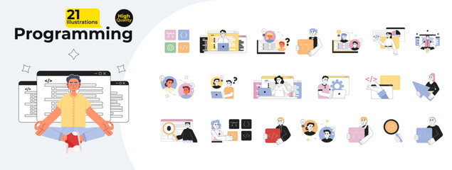 people programming codes monochrome concept vector spot illustrations bundle. freelancers wit device