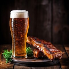 Wall Mural - Glass of beer and grilled pork ribs with rosemary on a wooden board. Copy space. Generative AI