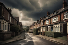Storm Clouds Form Over The Housing Market, English Suburban Street With Dark Rain Clouds Above