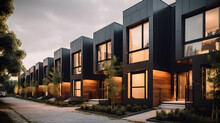 Modern Modular Private Black Townhouses. Residential Architecture Exterior.