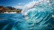 Ocean wave breaking on sandy beach. Turquoise ocean wave breaking on sandy beach in a sunshine day,  generative AI