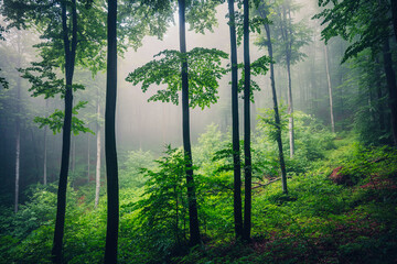 Wall Mural - Fog in the misty green forest