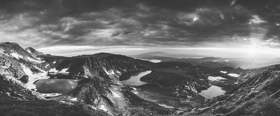 Wall Mural - Aerial panoramic view of Seven Rila lakes and waterfalls in nature of mountain range, hiking, trekking and tourism in Bulgaria