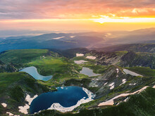 Aerial Panoramic View Of Seven Rila Lakes, Sunrise And Nature Of Mountain Range, Hiking, Trekking And Tourism In Bulgaria