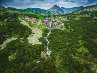 Wall Mural - aerial panoramic view of seven rila lakes and waterfalls in nature of mountain range, hiking, trekki