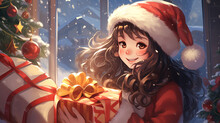 A Cheerful Anime Girl Dressed In A Santa Claus Costume, Surrounded By Colorful Presents And A Decorated Christmas Tree, With Snow Falling Gently Outside The Window.