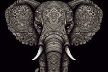 Zentangle Art - Colourful Elephant Head On Dark Background. Mandala, Ethnic Design. Generative AI