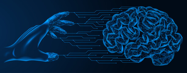 Connecting to an artificial brain. A polygonal object of lines and points. Blue background.