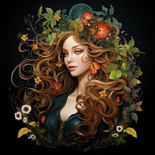 Beautiful Portrait Of Fairy In Art Nouveau Style With Incredible Long Hair Surrounded By Colorful Plants, Flowers, And Life. 