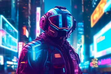 Wall Mural - Retrofuturistic illustration of astronaut in futuristic neon lit cyberpunk city. Neon pink blue violet night astronaut. Generative ai. Illustration art.