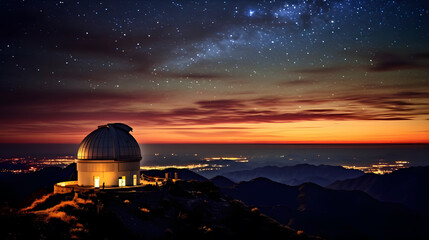 Wall Mural - a bustling observatory atop a mountain peak, with astronomers peering through powerful telescopes at
