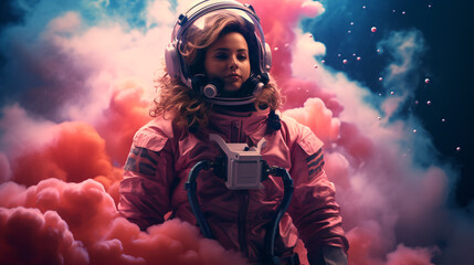 Wall Mural - illustration of man in space suit inside softly glowing pink and blue galactic cloud. peaceful galax