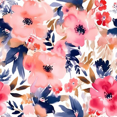 seamless pattern. pink watercolor floral pink flower fabric, in the style of light orange and navy, playful use of texture.