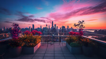 Stunning Views Of The City Skyline From The Rooftop Terrace. Panoramic View On Luxury Penthouse Roof At Colorful Sunset. View Of Buildings In Front Of The Big City At Sunset. Generative AI