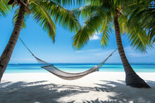 Hammock Tied Between Two Palm Trees On A White Sandy Beach, Generative Ai 