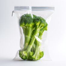 A Clear Zip-lock Plastic Bag With Lots Of Broccoli Inside. Broccoli In Transparent Bag. Transparent Vegetable Canning Plastic Bag. Realistic 3D Illustration. Generative AI
