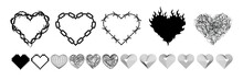 Y2k Set Of Hearts - Burning, From A Chain, From A Barbed Wire, From Cracks, From Thorny Bushes, Wireframe, Pixel And Others. Hearts In Different Styles, Old Tattoo Style, Y2k, Acid. Isolated Set