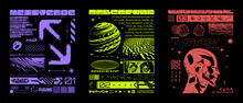 Brutalism Acid Print Sets In Retrofuturistic Style, Digital Typeface, Geometric Shapes. Retro Y2K Posters, Sci-fi Graphic Design For T-shirt, Merch, Streetwear. Translation From Japanese - Cyberpunk