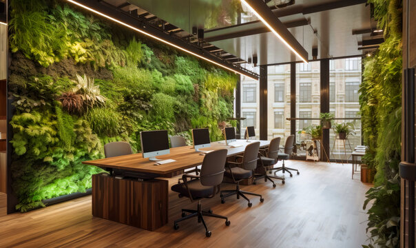 Modern office with green environment. Business building with ecology green. Generative AI.