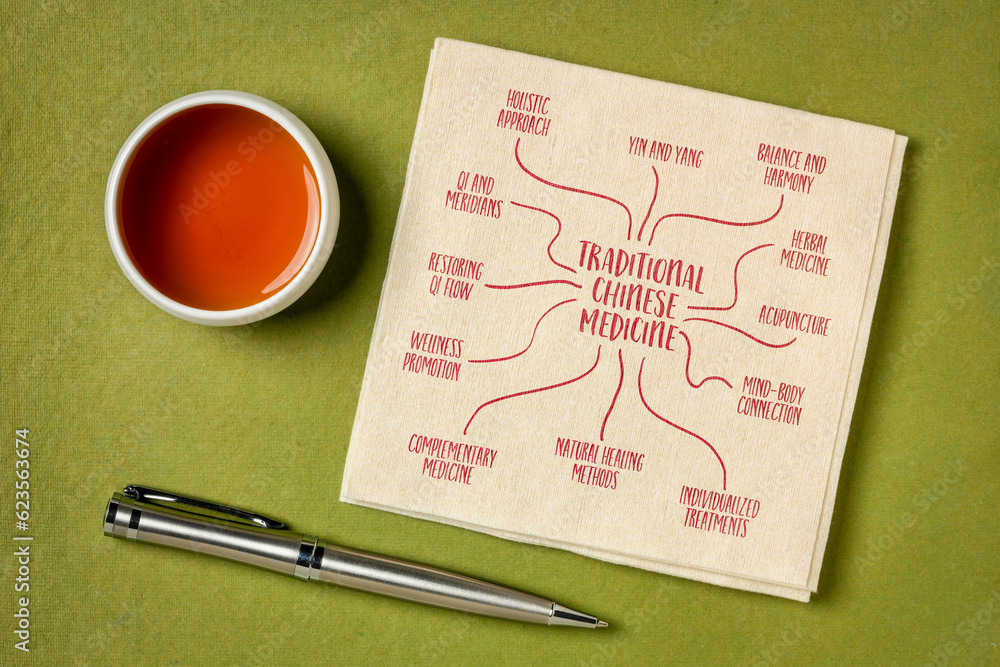 traditional Chinese medicine (TCM) infographics or mind map sketch on a ...
