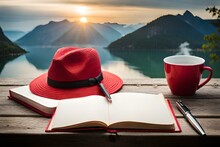  Book,cup Of Coffee And Red Straw Hat On The Table  Generated Ai Technology
