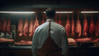 ai generative image back view of a butcher at work with meat  and his market as background 