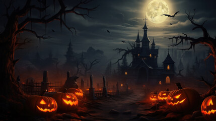 Spooky halloween pumpkins in night. Halloween background with jack o lantern in moonlight. Created with Generative AI