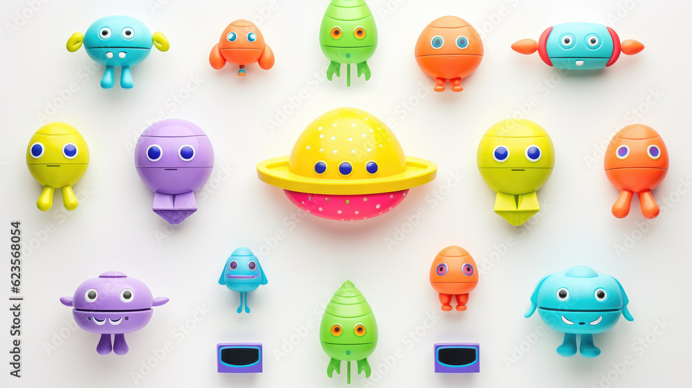 Fantastic vivid children's UFO toys. Layout of bright children's toys ...