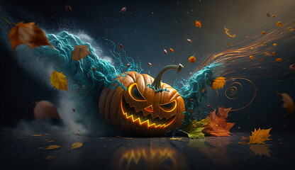 Wall Mural - Conceptual halloween wallpaper with a pumpkin with a glowing face with an ominous looking splash and swirl of water on a night street.Generative AI