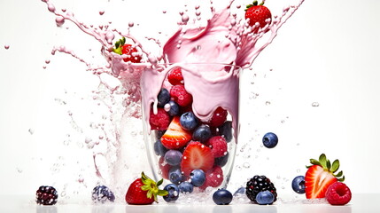 Wall Mural - A splash of yogurt in glass and a variety of berries in flight with drops.Generative AI