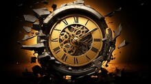 Gold Colour Clock Broken Into Pieces , Wasting Time Concept, Time Is Value Like A Money